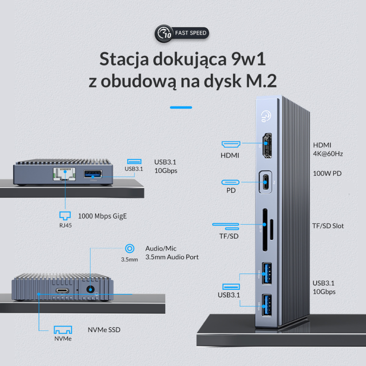 Orico Stacja dokująca 9w1 z obudową M.2 SSD NVMe-1357695
