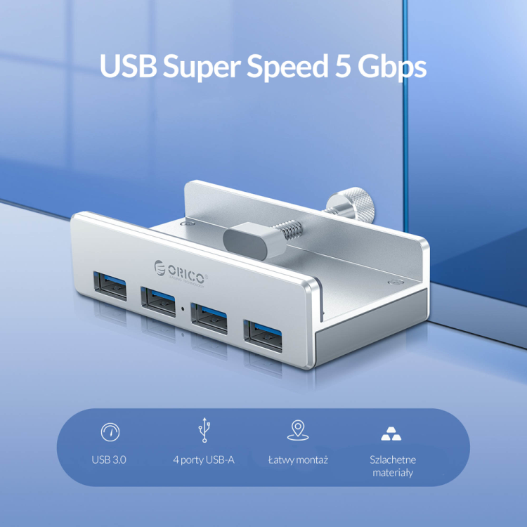 Orico Hub aktywny biurkowy 4*USB-A 5Gbps aluminium-1633989