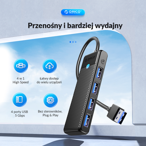 Orico Hub USB-A 4 porty USB-A 3.0 5Gbps czarny-1637618
