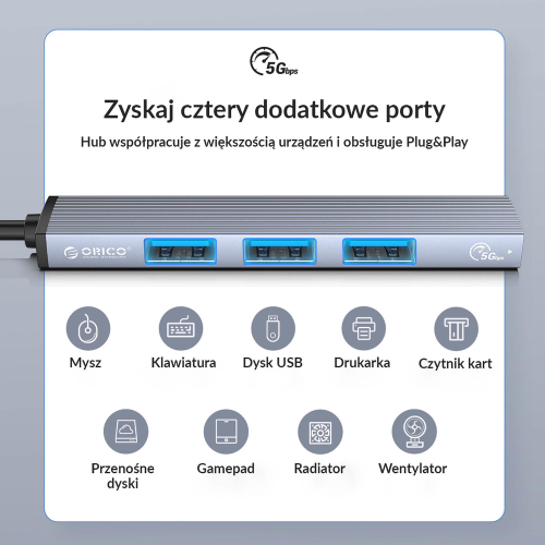 Orico Hub USB-C, USB-A 5Gbps, 3*USB-A 2.0, aluminiowy-1783091