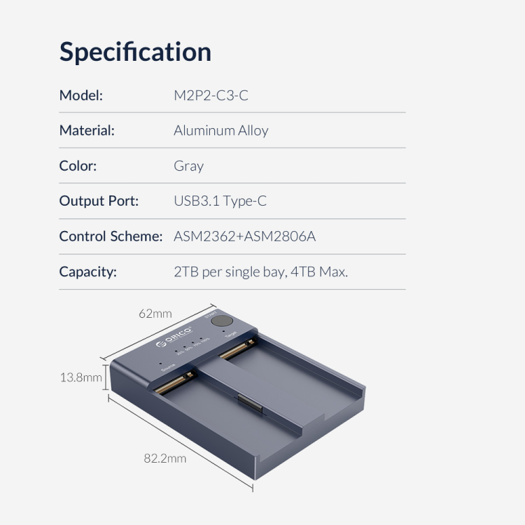Orico Stacja klonująca dyski M.2 USB-C 10Gbps-1277619