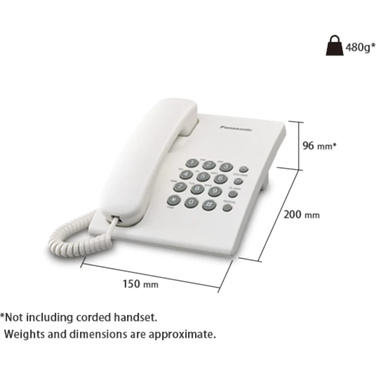 KX-TS500PDW Telefon przewodowy biały Panasonic - wymiary.webp