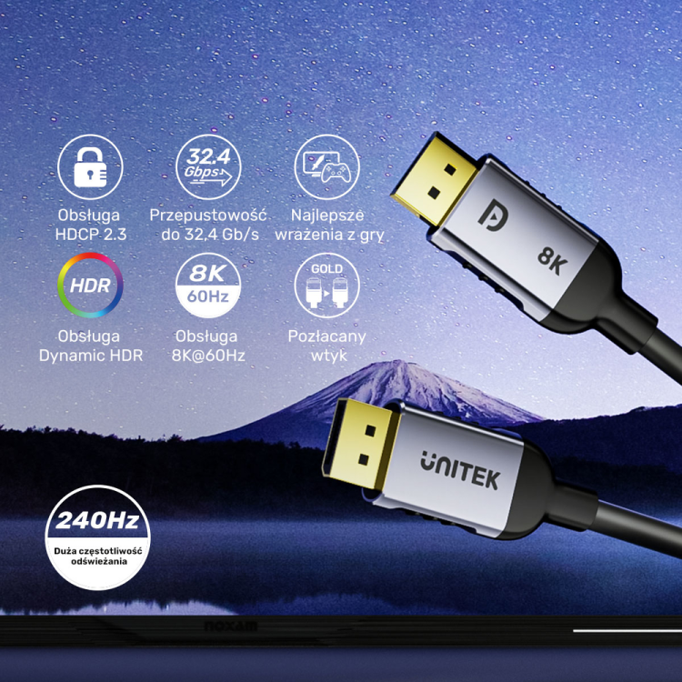 Unitek kabel DisplayPort 1.4 8k 60hz, 4k 240hz, HDR, HDCP 2.3, DSC 1.2, 1m-1783305