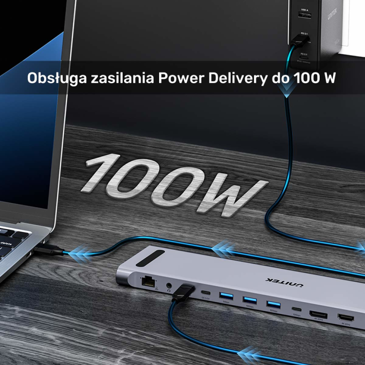 Unitek Stacja dokująca KVM z funkcją podstawki, potrójne wyjście 4K, USB-C, MST, HDMI 2.0-1808378