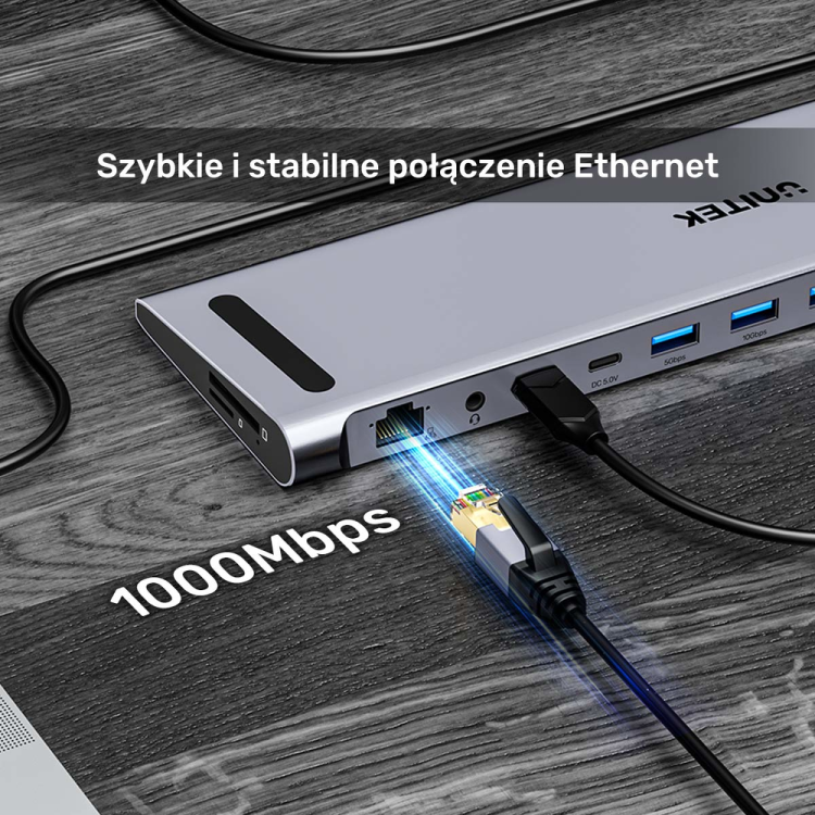 Unitek Stacja dokująca KVM z funkcją podstawki, potrójne wyjście 4K, USB-C, MST, HDMI 2.0-1808379