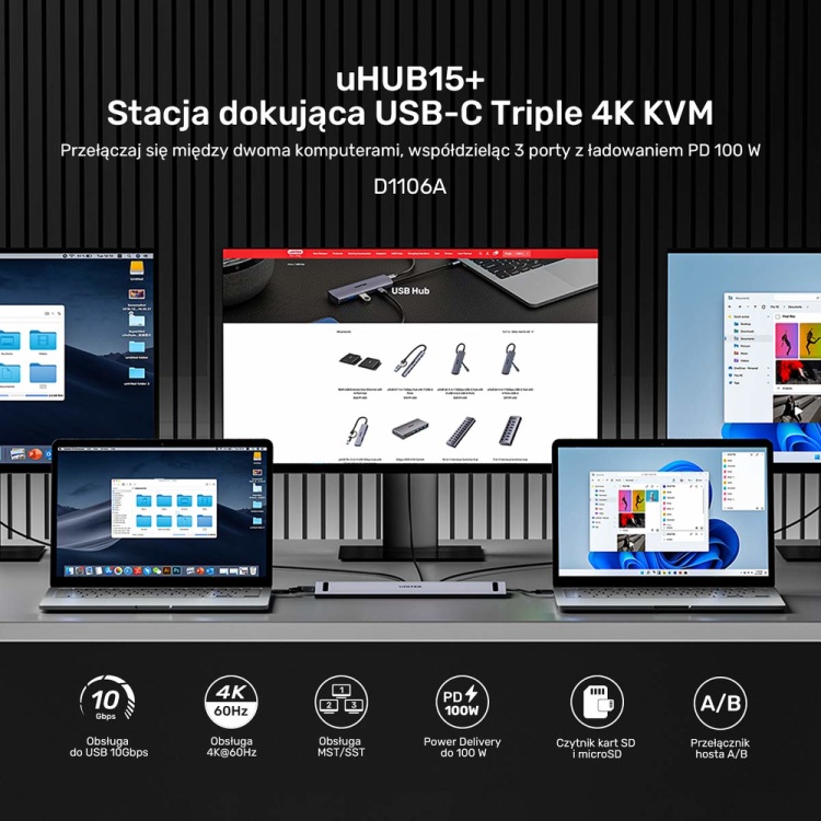 Unitek Stacja dokująca KVM z funkcją podstawki, potrójne wyjście 4K, USB-C, MST, HDMI 2.0-1808390
