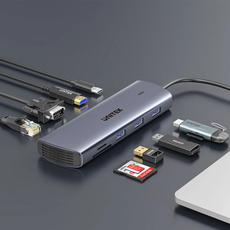 Unitek Hub 9w1 USB C Gigabit Ethernet HDMI VGA 3x USB A czytnik kart PD 100W-1782191