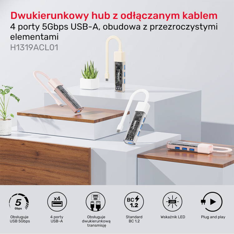 Unitek hub dwukierunkowy USB C/USB A 5Gbps, 4x USB A kremowy-1783389