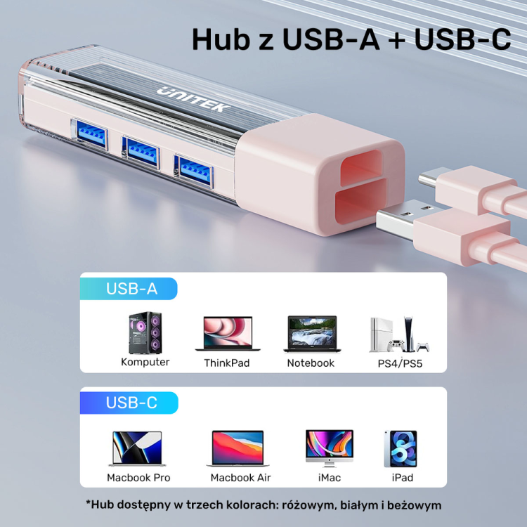 Unitek hub dwukierunkowy USB C/USB A 5Gbps, 4x USB A kremowy-1783392