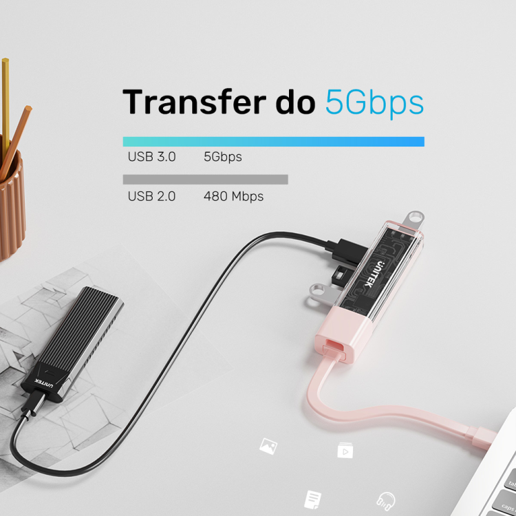 Unitek hub dwukierunkowy USB C/USB A 5Gbps, 4x USB A kremowy-1783391