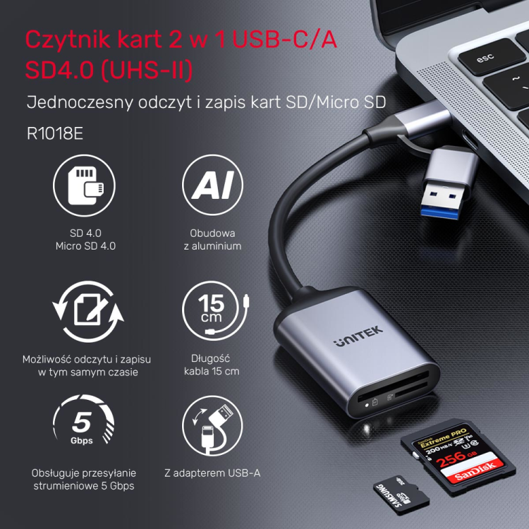 Unitek Czytnik kart pamięci SD4.0 /Micro SD4.0, 2w1-1784443