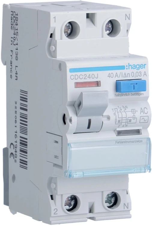 Wyłącznik różnicowoprądowy 1P+N 40A 30mA 6kA AC HAGER CDC240J-1855647