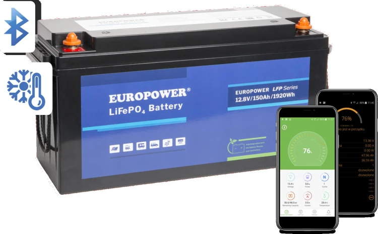 Akumulator LiFePO4 EUROPOWER serii LFP 12,8V 150Ah Bluetooth, mata grzewcza (Żywotność ~2000 cykli)-1863797