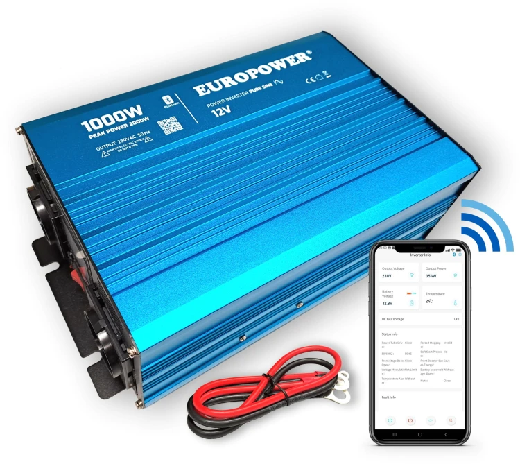 PRZETWORNICA NAPIĘCIA INWERTER EUROPOWER 12V DC / 230V AC 1000W / 2000W CZYSTY SINUS BLUETOOTH-1919535