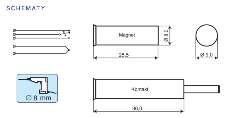Schemat MC346 Kontakt magnetyczny, montaż wpuszczany, NC-NO.png