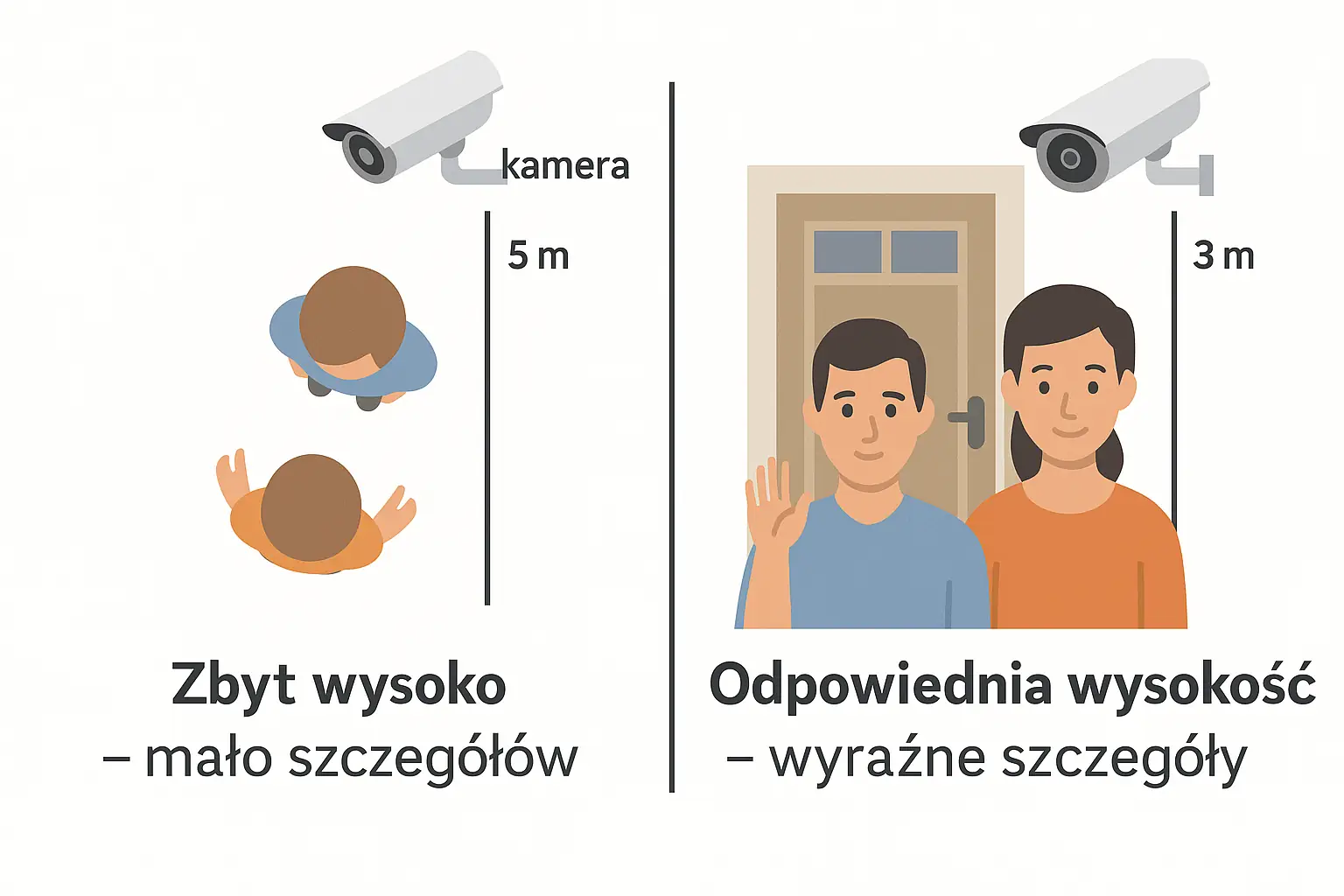 Edukacyjna infografika porównawcza pokazująca dwa sposoby montażu kamer CCTV