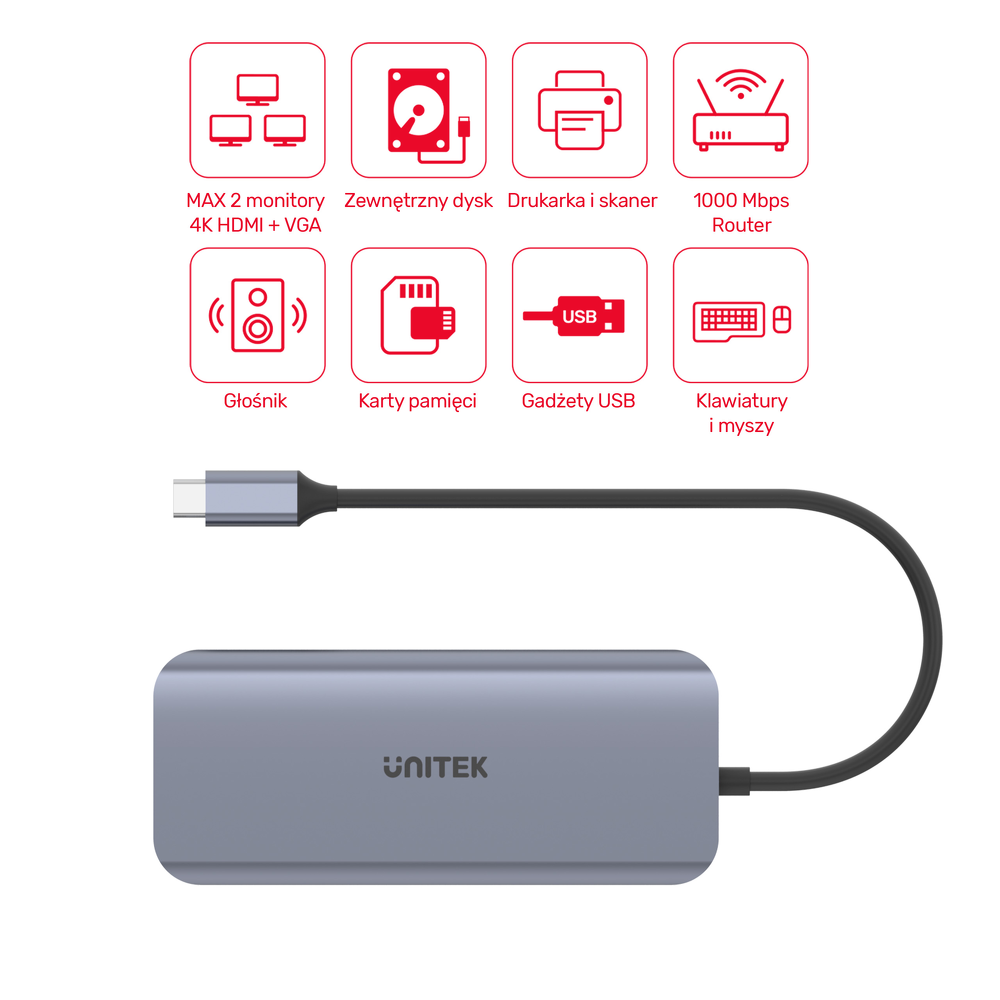 Unitek Hub USB-C 3xUSB 3.1 PD HDMI SD VGA RJ45-1450172