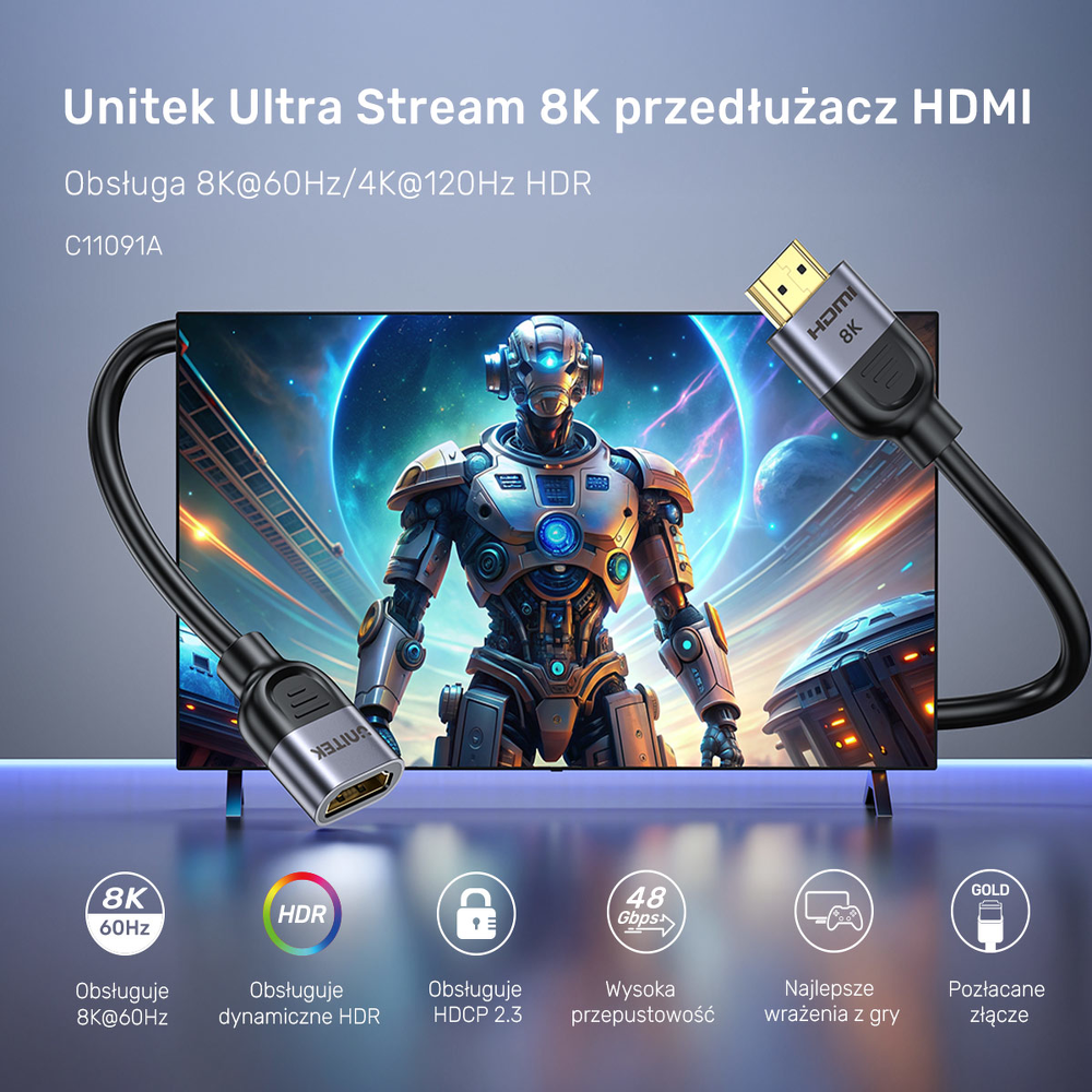 Unitek przedłużacz HDMI (M) - HDMI (F) 2.1, 8K 0,5m-1784775