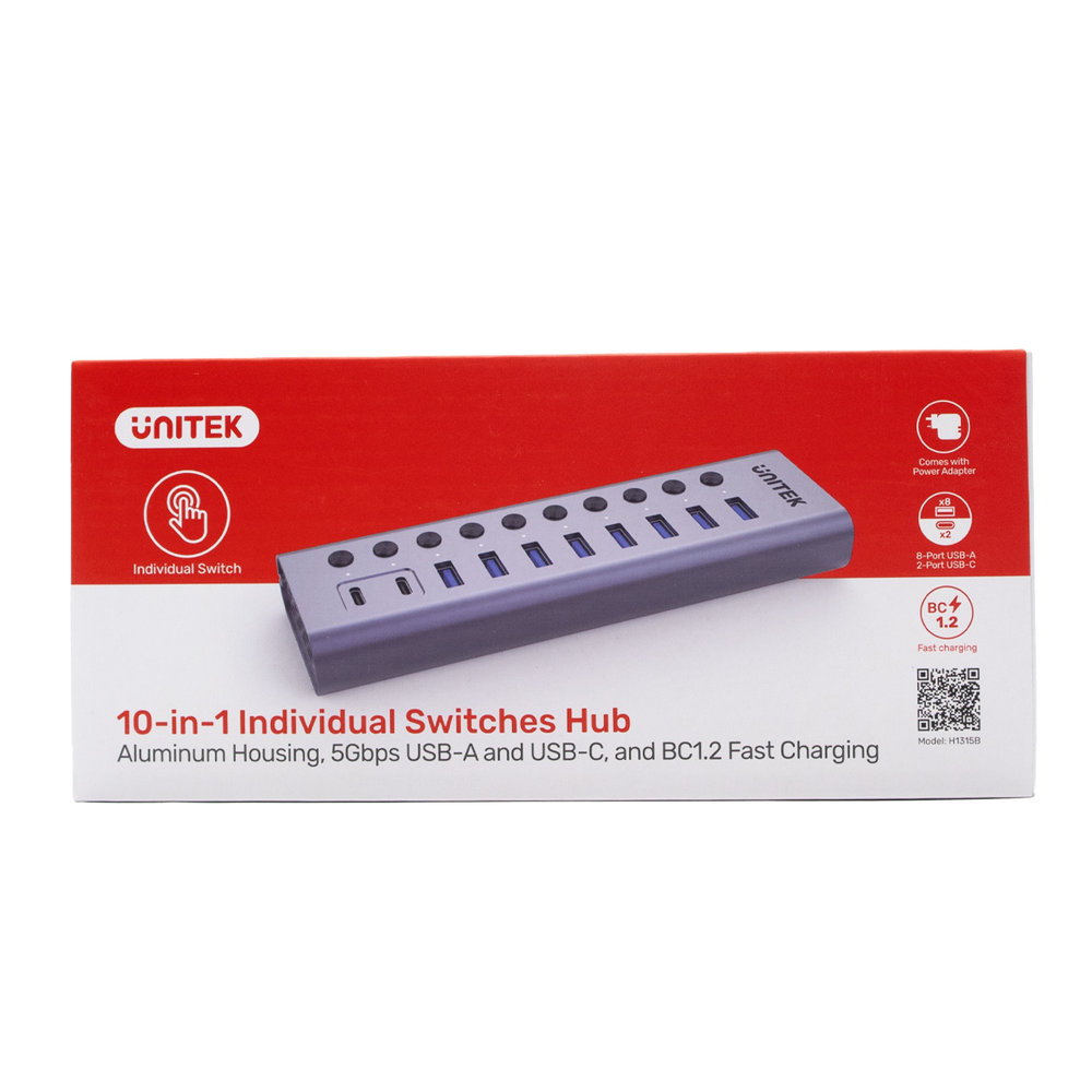 Unitek Hub USB C/USB A 10w1 5Gbps, 8x USB A, 2x USB C z włącznikami portów-1783371