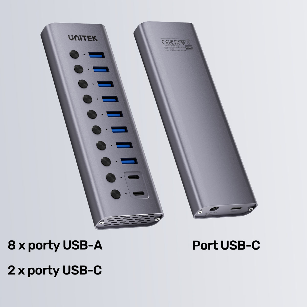 Unitek Hub USB C/USB A 10w1 5Gbps, 8x USB A, 2x USB C z włącznikami portów-1783369