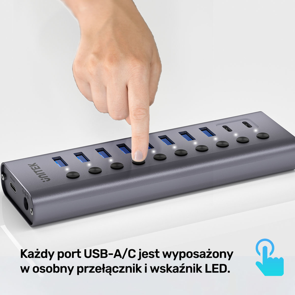Unitek Hub USB C/USB A 10w1 5Gbps, 8x USB A, 2x USB C z włącznikami portów-1783374