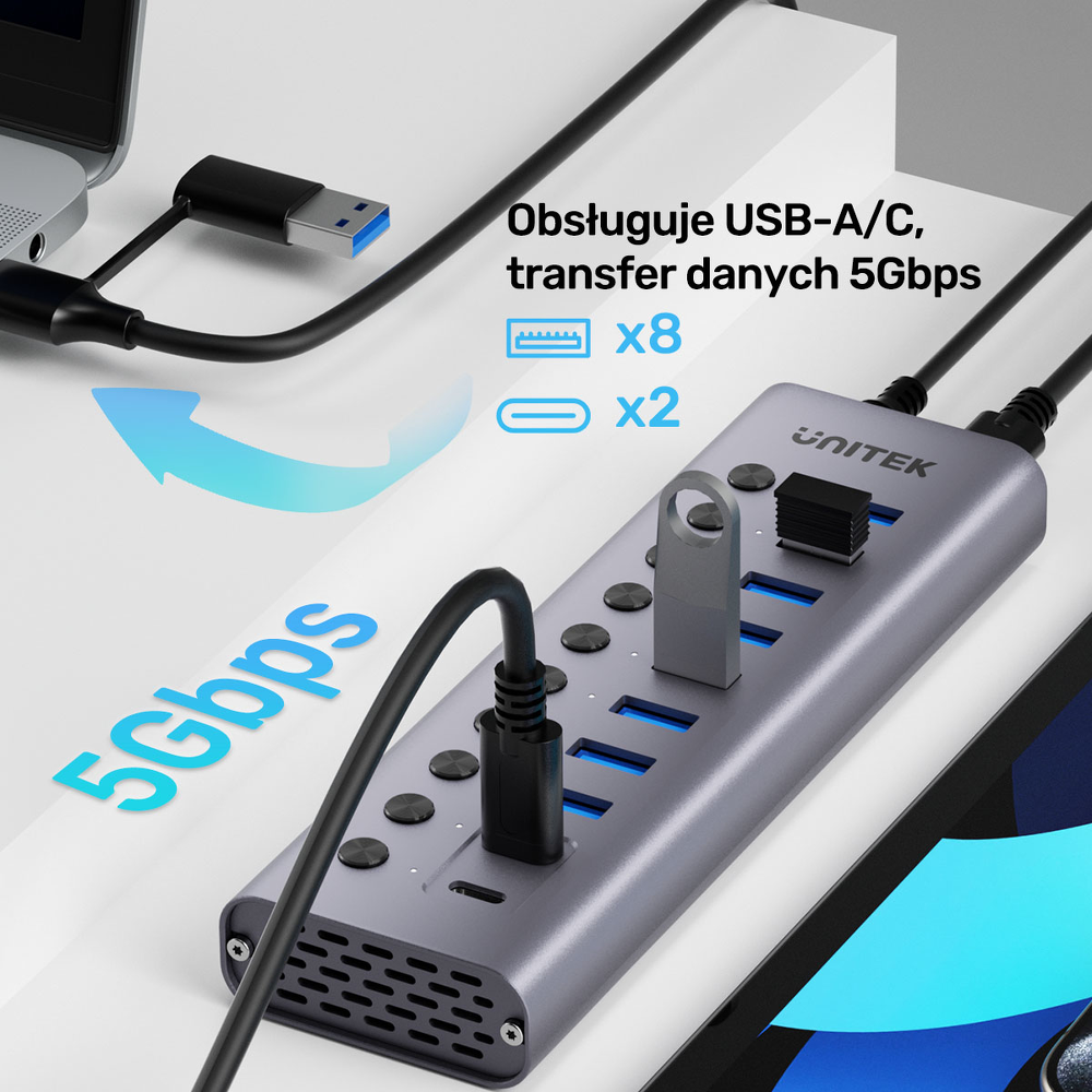 Unitek Hub USB C/USB A 10w1 5Gbps, 8x USB A, 2x USB C z włącznikami portów-1783373