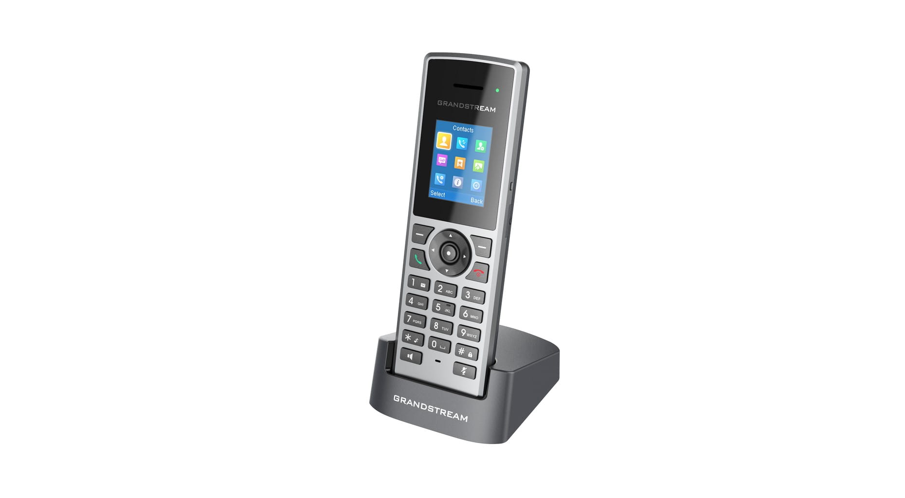Grandstream DP722 – słuchawka DECT IP – widok pod kątem z ładowarką.jpg