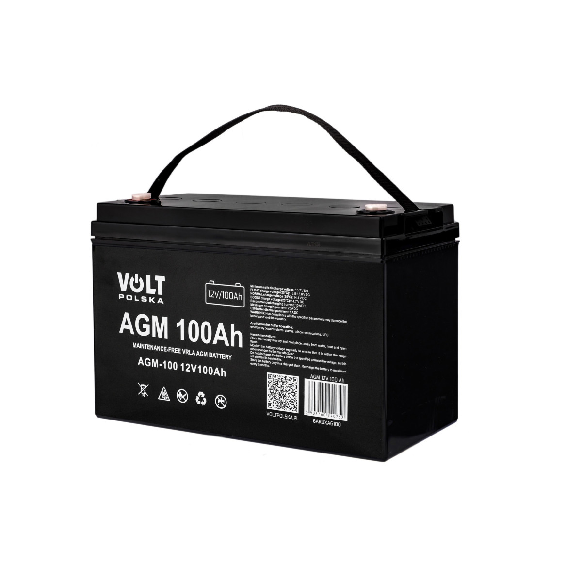 VOLT Polska VRLA AGM 12V 100Ah – akumulator bezobsługowy – widok pod kątem.jpg