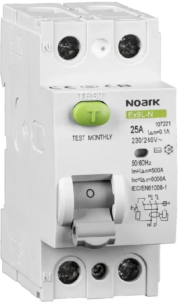 WYŁĄCZNIK RÓŻNICOWOPRĄDOWY, 6 KA, 25A, 30MA, 2P TYP AC EX9L-N Noark 108314-1855461