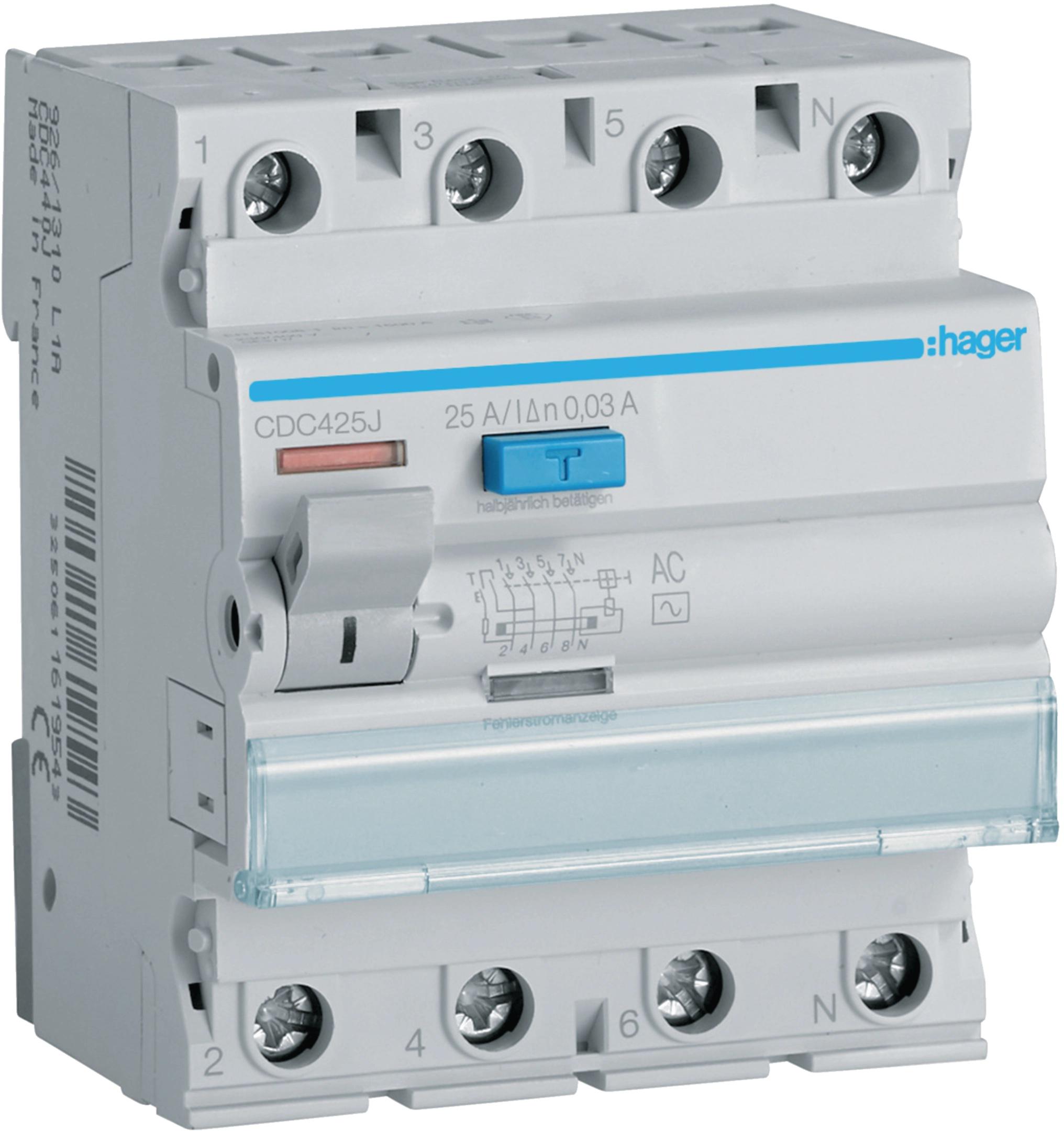 Wyłącznik różnicowoprądowy 3P+N 25A 30mA 6kA AC HAGER CDC425J-1855648