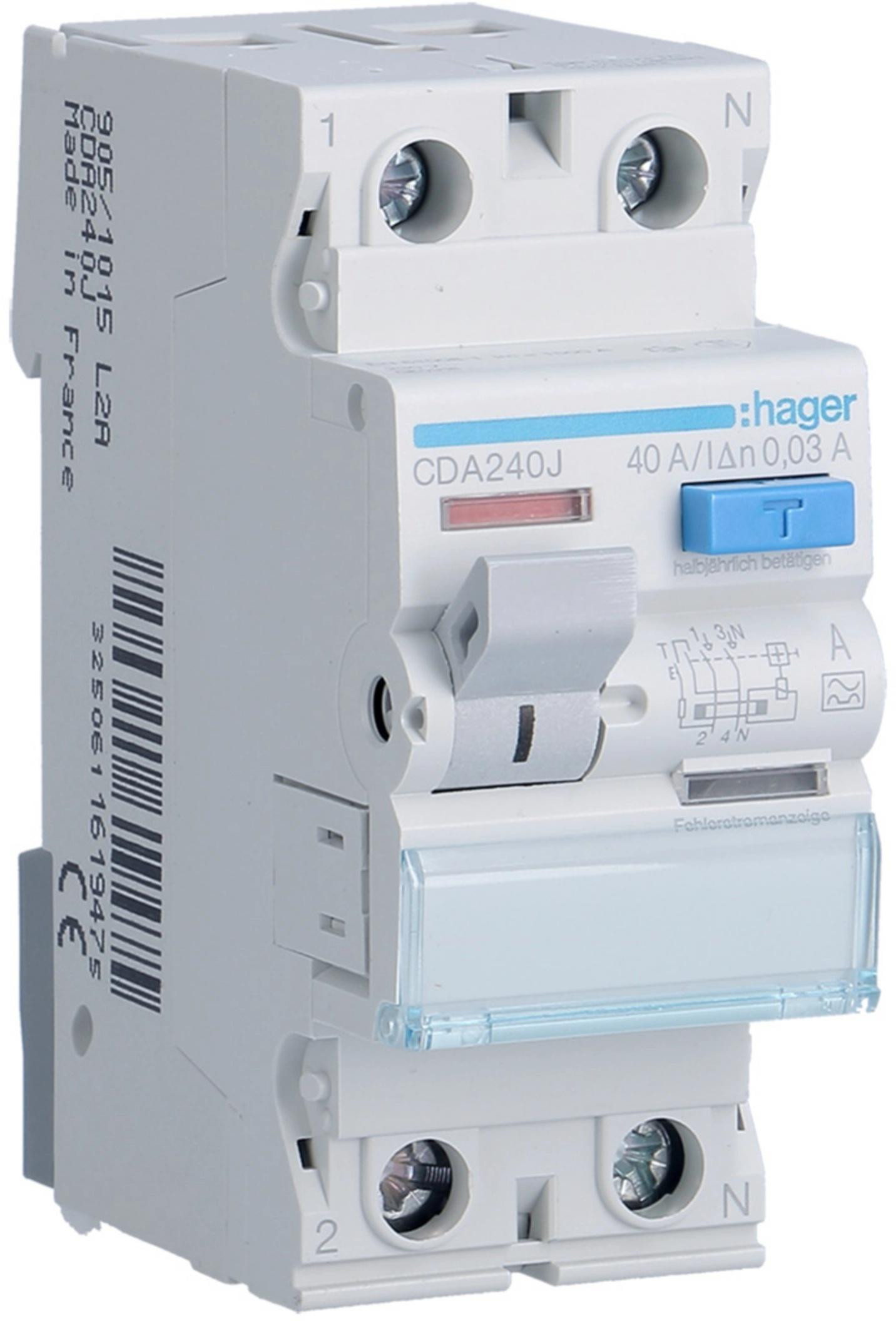 HAGER RCCB Wyłącznik różnicowoprądowy 1P+N 40A 30mA 6kA A CDA240J-1926117
