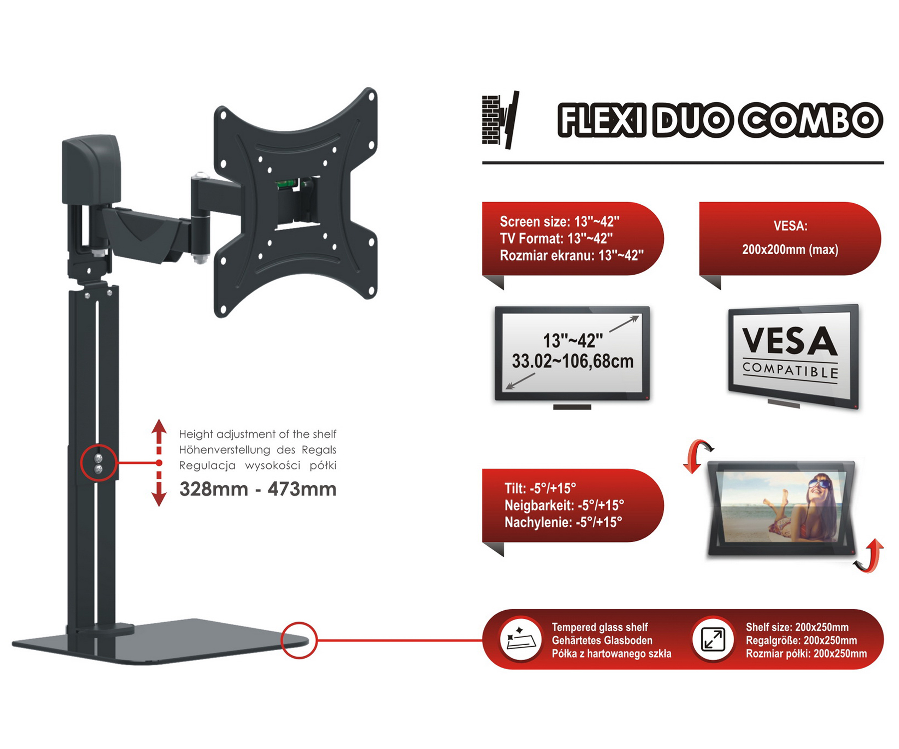 UCHWYT DO TELEWIZORA LUB MONITORA AX-FLEXI-DUO-COMBO Z PÓŁKĄ OPTICUM-1790177