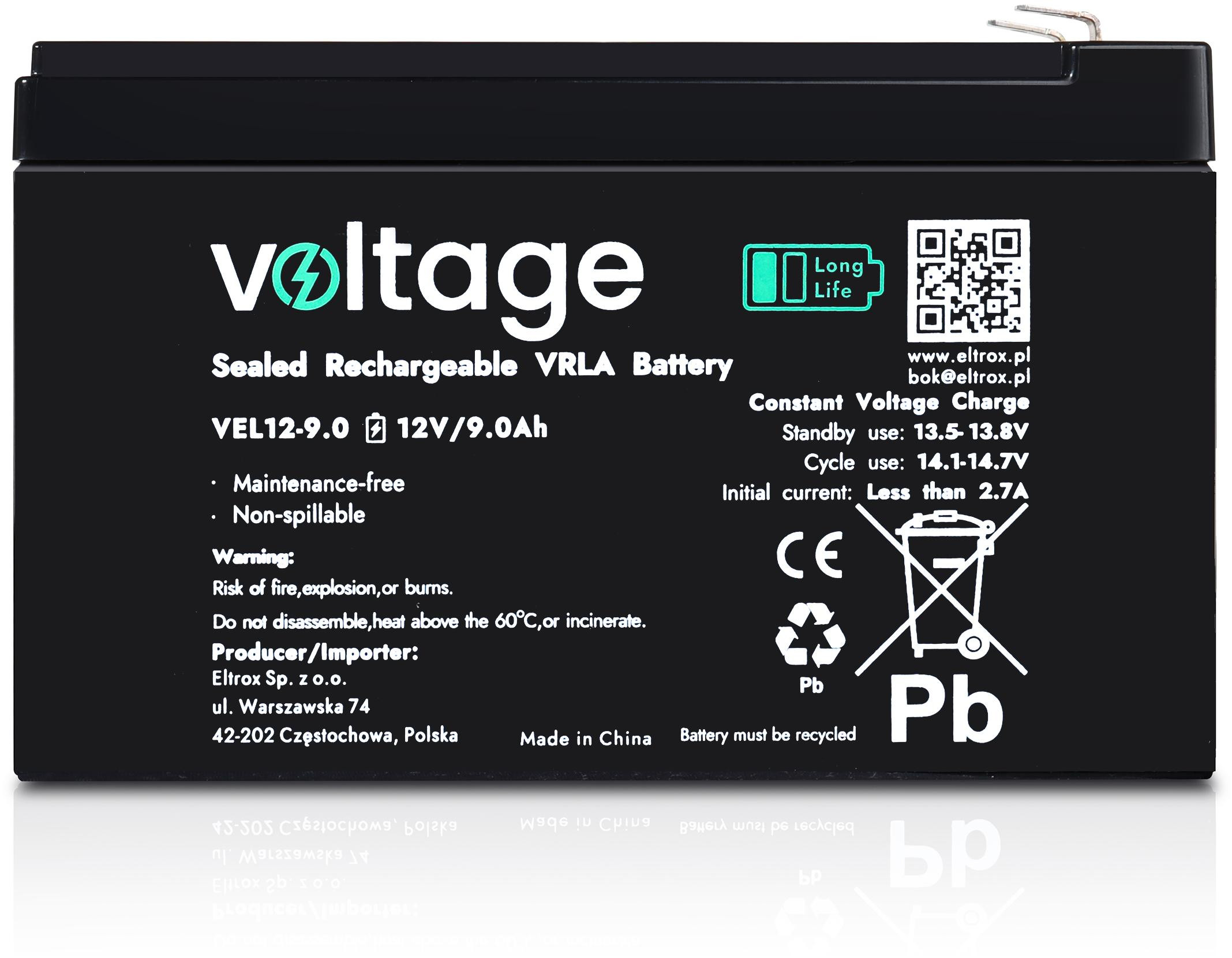 Akumulator AGM Voltage Long Life 12V 9Ah VEL12-9.0 (Żywotność 15 lat)-1943601