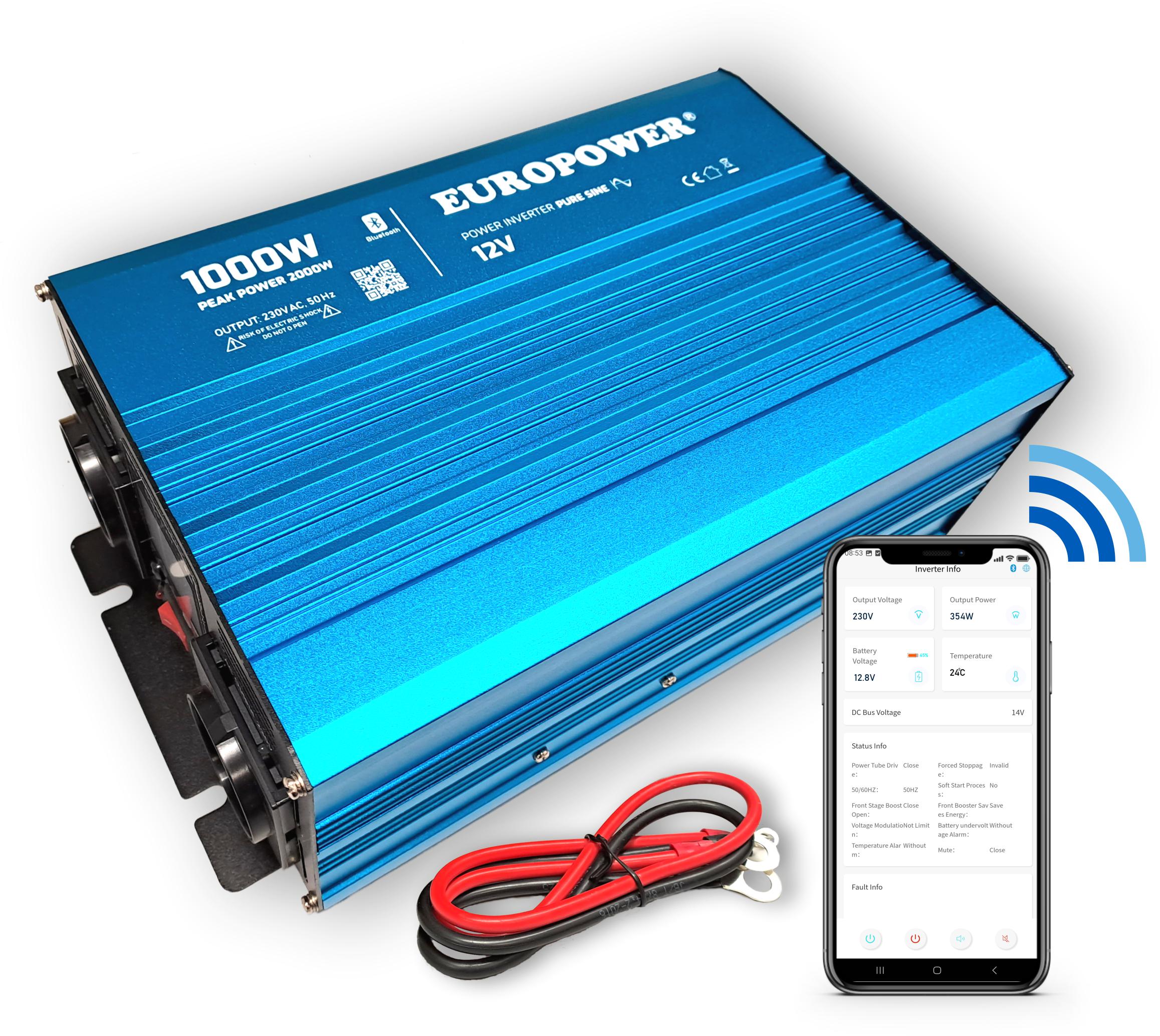 PRZETWORNICA NAPIĘCIA INWERTER EUROPOWER 12V DC / 230V AC 1000W / 2000W CZYSTY SINUS BLUETOOTH-1763438